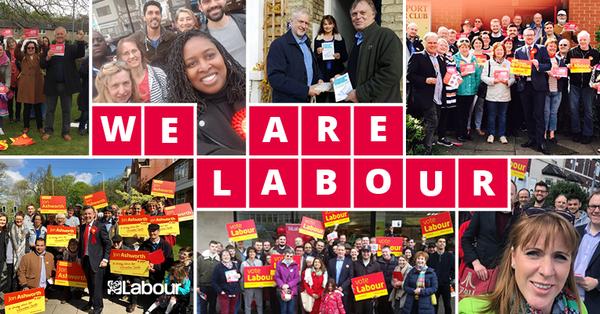 A collage of a number of photos of groups of Labour party members and MPs from different parts of the country, many holding placards. Across the centre are the words "We are Labour". 