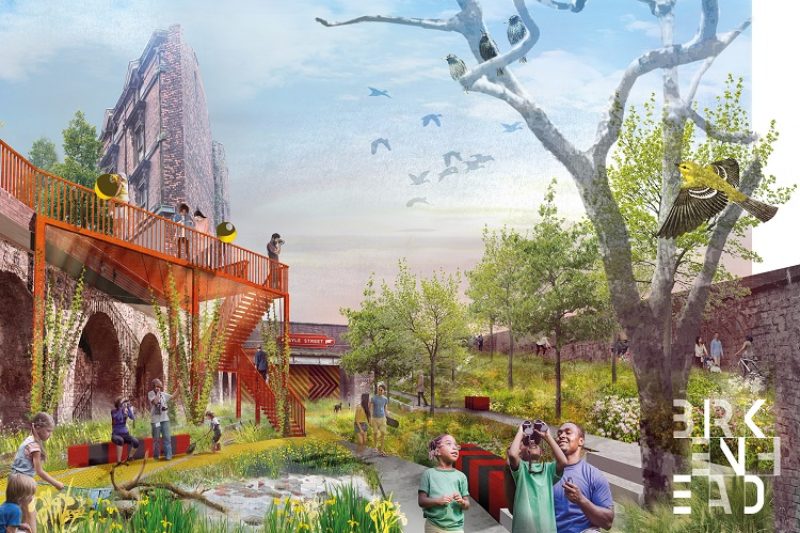 Artists impression of people enjoying a former railway track, converted into green space with trees and birds